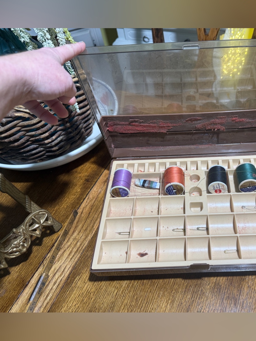 Vintage Plastic Thread Organizer Box in Brown and Cream